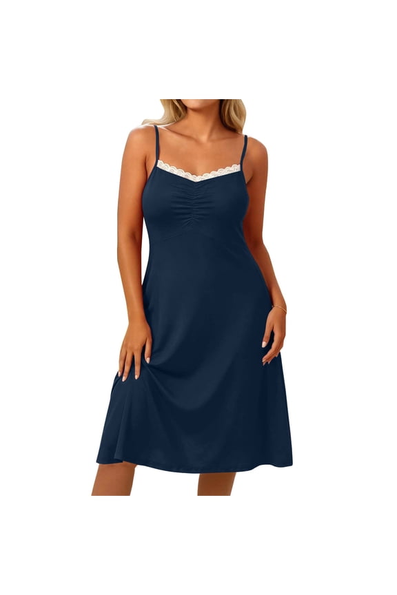 Women's Slip Midi Dress Plus Size Solid Spaghetti Strap Lace Ruffled for Sleepwear Summer Navy L