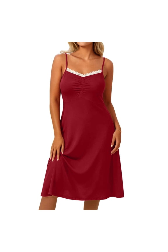 Women's Slip Midi Dress Plus Size Solid Spaghetti Strap Lace Ruffled for Sleepwear Summer Red L