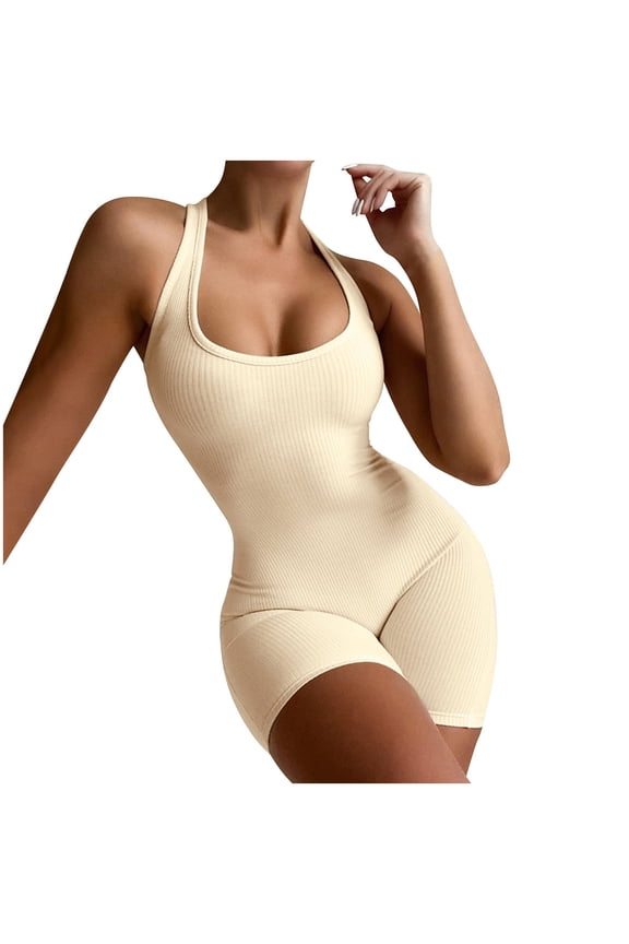 Yoga Jumpsuit for Women Workout Seamless One Piece Tank Top Sleeveless Backless Bodycon Shorts Jumpsuits Bodysuit Ribbed Sports Romper
