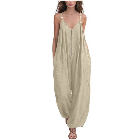 fheaev Zip Front Jumpsuit for Women V Neck Sleeveless Adjustable Straps Wide Leg with Pockets Loose Fit Summer Vacation Wear Khaki 2XL