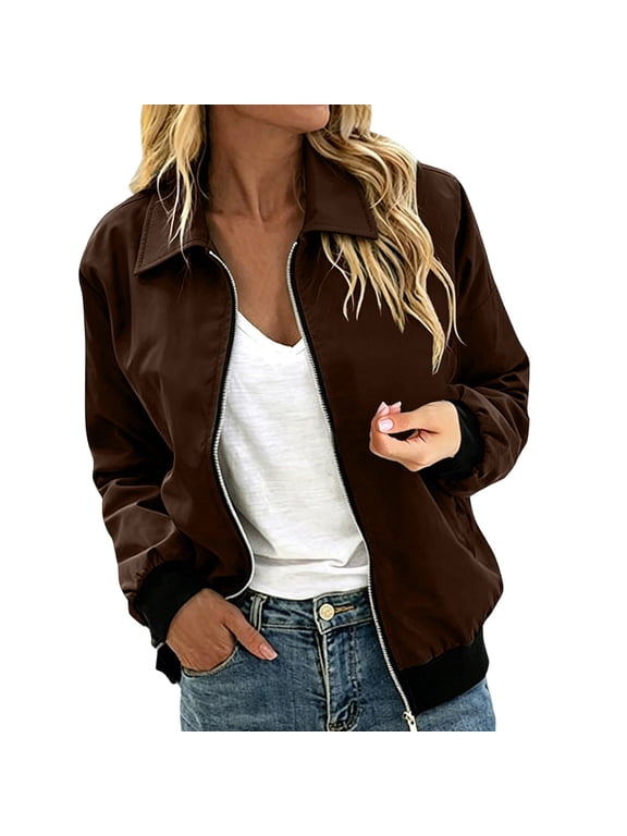 Zip Up Jacket for Women with Chest Pocket Loose Fit Solid Color Long Sleeve Casual Outerwear Coffee,M