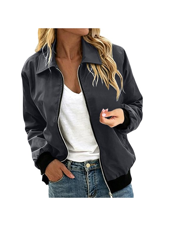 Zip Up Jacket for Women with Chest Pocket Loose Fit Solid Color Long Sleeve Casual Outerwear Gray,S