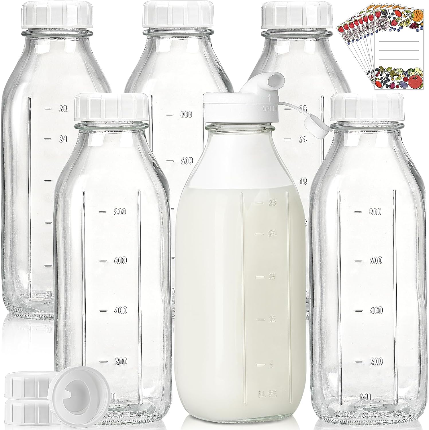 Bekith 6 Pack Liter Glass Milk Bottles With Airtight Screw Lid, 32 Oz Glass Juice Bottles, Reusable Glass Beverage Drinking Jar Juice Container For Milk, Honey, Jam (Extra 6 Lid With - View #4