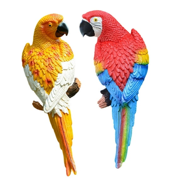 figatia 2 Pieces Parrot Figurines Bird Sculptures Wall Tree Decor Lifelike Garden Statues Yard Art Decor for Patio Lawn Balcony Porch Yellow Red