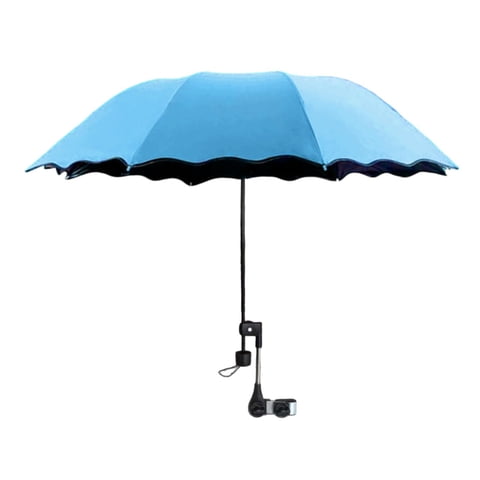 figatia Beach Umbrella with Adjustable Clamp Clip Umbrella Multipurpose Waterproof Three-fold Parasol for Garden Lawn Golf Cart Chair Blue