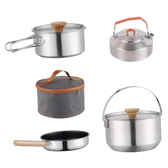 figatia Camping Cookware Cooking Set Nonstick Lightweight with Storage Bag Cookset with Kettle for Family Campfire Indoors Travel wood handle
