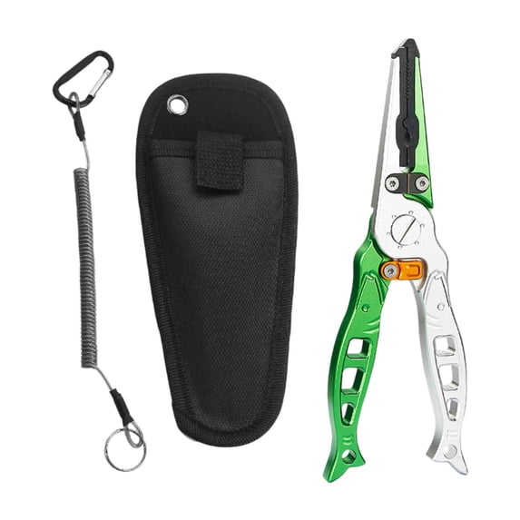 figatia Fishing Pliers with Sheath and Lanyard Lightweight Cutter Freshwater Gadget Aluminum Alloy Supplies Hook Remover Fishing Tool Green