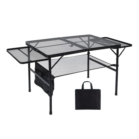 figatia Folding Grill Table Adjustable Height Outside Lightweight Carry Handle Mesh Desktop Camping Table for Cooking Beach Garden RV