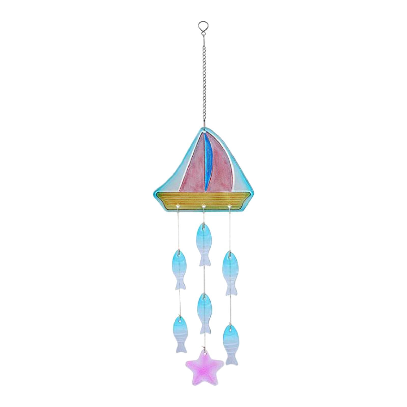 figatia Glass Sea Wind Chime Coastal Ornament Garden Hanging Windchime Pendant Windbell for Balcony Mom Women Home Farmhouse Entrance Boat 18.2x62.5cm