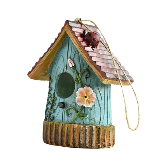 figatia Hanging Bird House Outdoor Bird Shelter Resin Country Cottage Garden Decor Decorative Birdhouse for Patio Backyard Trees Fence Blue