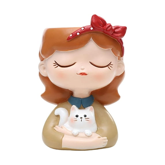 figatia Planter Pot Flower Vase Decorative Handpainted Lovely Girl Statue Ornament for Home Bedroom Windowsill Living Room Cat