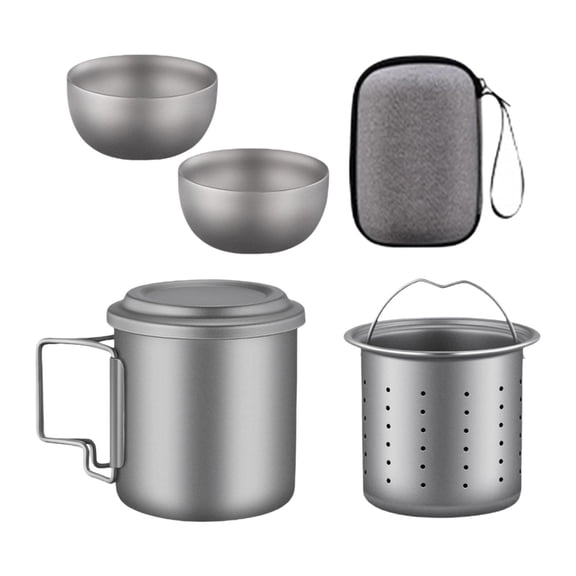 figatia Titanium Cup Lightweight Round Tea Cup with Foldable Handle Titanium Mug with Tea Strainer Camping Tea Maker for Campsite BBQ 5PCS
