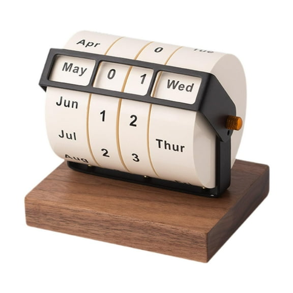 figatia Wheel Perpetual Desk Calendar Standing Calendar Month Week Day Date Display Tabletop Ornament for Home Restaurant Decoration Dark Brown