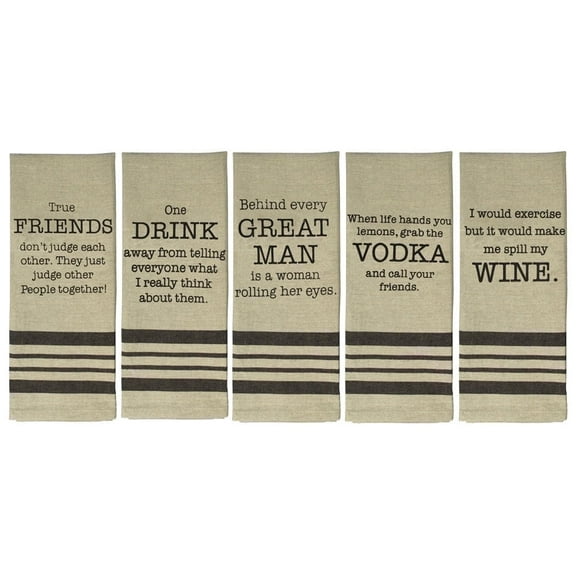 Decorative Novelty Kitchen Towels, Alcohol Sayings, Cotton Flour Sack Bar Towel Set, 5 Count