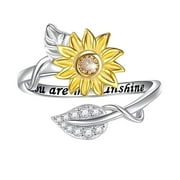 fimkaul Women's Rings Girls Summer Shinny Luxury Bling Crystal Sunflower Mother Daughter Ring Gifts Silver