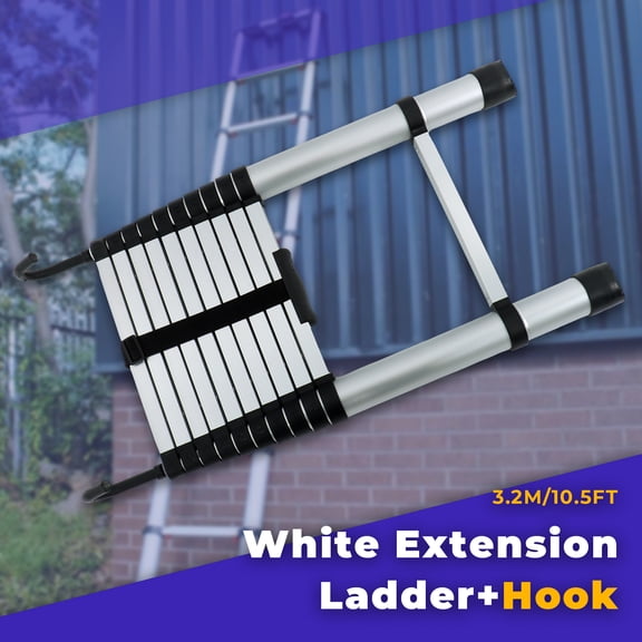 findmall 3.2M 10.5Ft Folding Telescopic Ladder Aluminum Alloy Ladder White with Hook for Household Outdoor