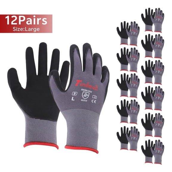 findmall 12 Pairs L-Size Work Gloves MicroFoam Nitrile Coated Knit Nylon Gloves