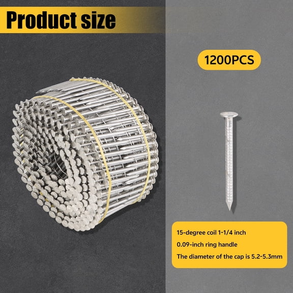 findmall 1200 Count 1-1/4-Inch x .090-Inch Ring Shank Stainless Steel Siding Nails 15-Degree Collated Wire Coil Siding Nails for Cement Board Siding or Fencing Applications