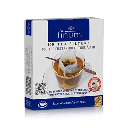Finum 60/4205500 Disposable Cup-Sized Paper Tea Filter Bags for Loose Tea plus Stylish Filter Holding Stick, 100 Count, White