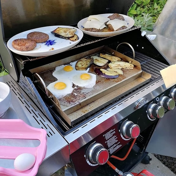 only fire Universal Stainless Steel Cooking Griddle, Flat Top Plate Insert with Grease Groove and Handles for Gas and Charcoal Grills, Tailgating, Camping and Parties, 23" x 16"