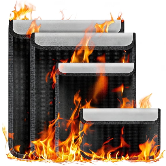 Fireproof Document Bag,Blacksmith 4 Pack Fireproof Document Box File Organizers with Reflective Strip and Zipper,Black
