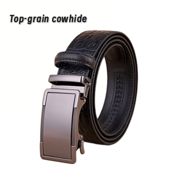 The first layer of the men's cowhide belt features an automatic buckle design and is made of genuine leather material. The lychee patterned belt can be extended in size, making it thick and durable.