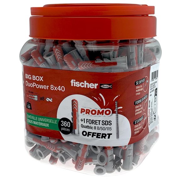fischer BigBox of 360 DuoPower dowels 8x40 All Materials + 1 SDS Quattric Drill bit Included, One Size