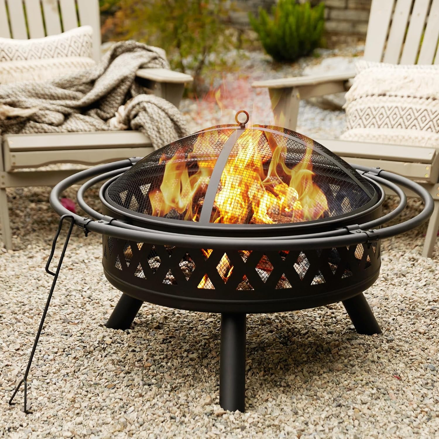 fissfire 35 inch Metal Fire Pit, Outdoor Wood Burning Fire Pit with 2 Loops, for Backyard, Black