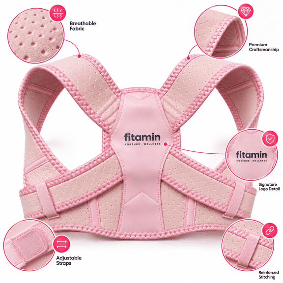 fitamin Posture Corrector for Women, Adjustable Upper Back Brace for Posture Support, Breathable Shoulder Straightener, Pink (S/M)