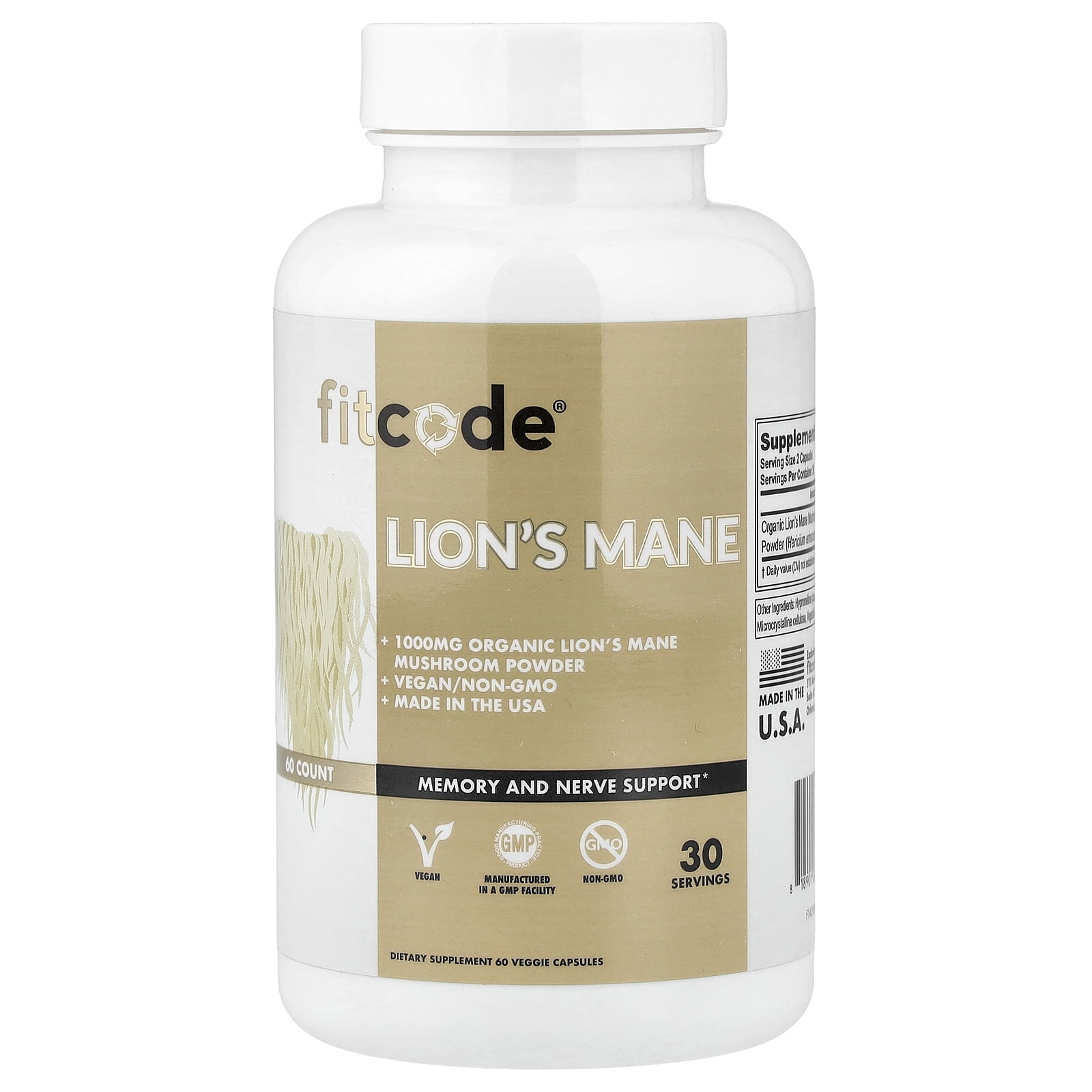 fitcode Lion's Mane, 1,000 mg, 60 Veggie Capsules (500 mg per