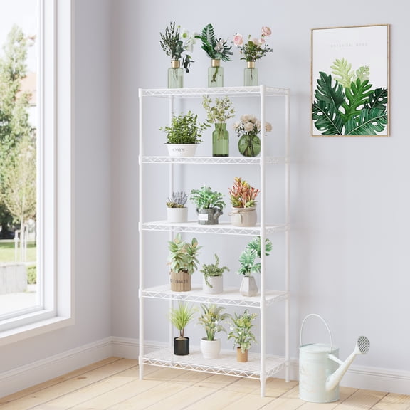five-layer display stand without wheels with adjustable feet, freely adjustable layer spacing, iron 74*34*150cm, matte white