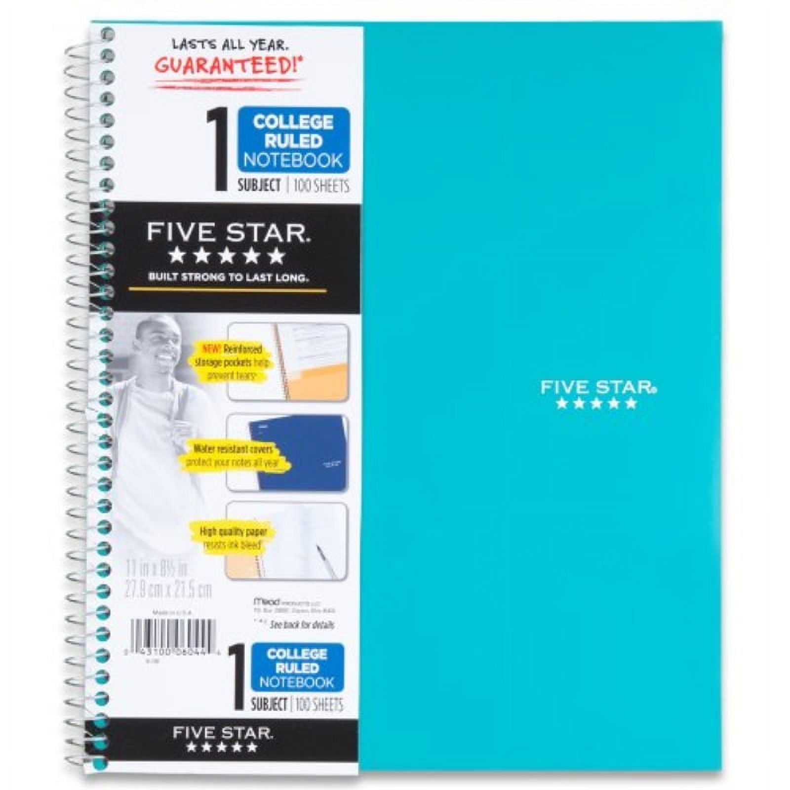 Five Star Spiral Notebook, 1 Subject, Wide Ruled Paper, 100 Sheets, 10-1/2  x 8, Color Selected For You (05238)