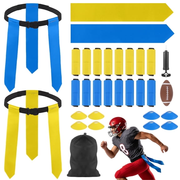 Flag Football Set, 14 Player Belts with 42 Flags, 8 Training Cones, Size 3 Football, Pump, and Carry Bag, Outdoor 7v7 Sports Training Game Equipment for Youth and Adults