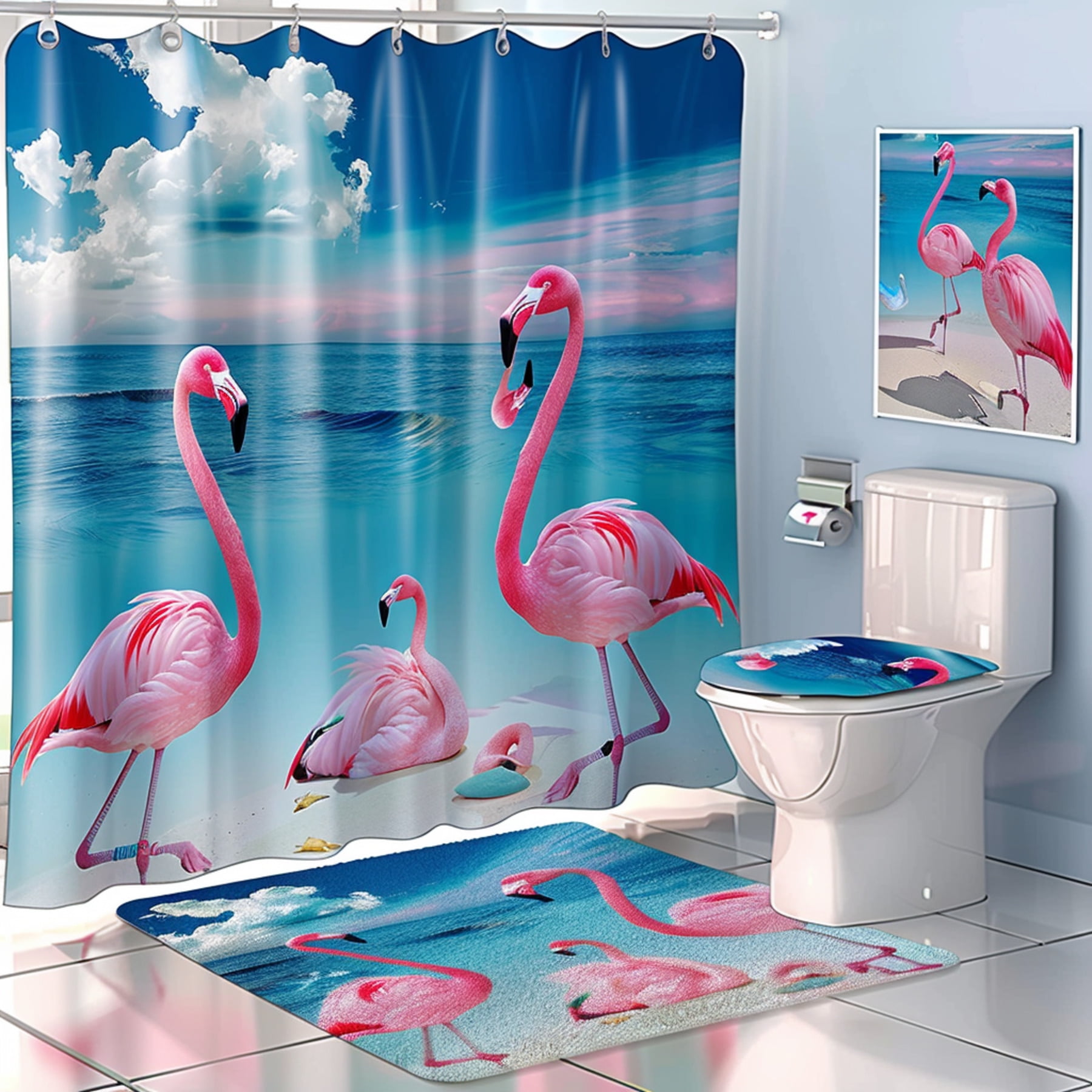 flamingo bathroom set with shower curtain featuring blue sky white sand