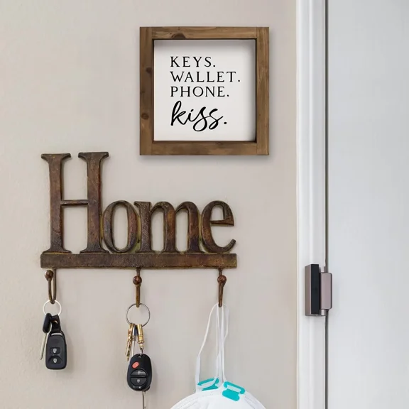 flangairy 66 In Keys Wallet Phone Kiss Sign Decor, Wooden Framed Entryway Wall Art Decorations for Home Front Door Entrance Table