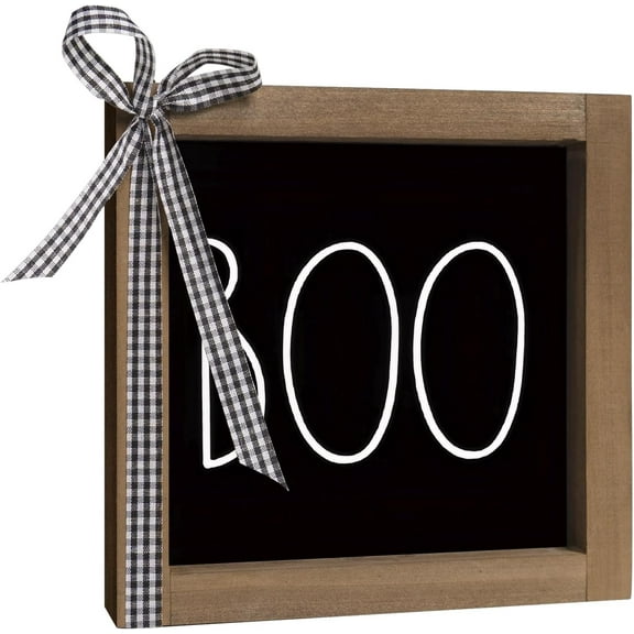 flangairy Boo Sign, 6 Inch Wooden Halloween Decorative Signage Table Top Decor, Indoor Tabletop Wall Art Shelf Mantel Desk Tiered Tray Rustic Farmhouse Home Decorations