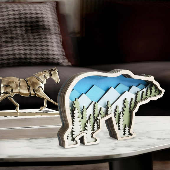 flangairy Forest Bear Decor Wooden Wall Sculptures Woodland Nursery Signs 3D Mountain Art Rustic Cabin Modern Farmhouse Tree Decor Home Desktop Hunting Room Animal Figurines (Green)