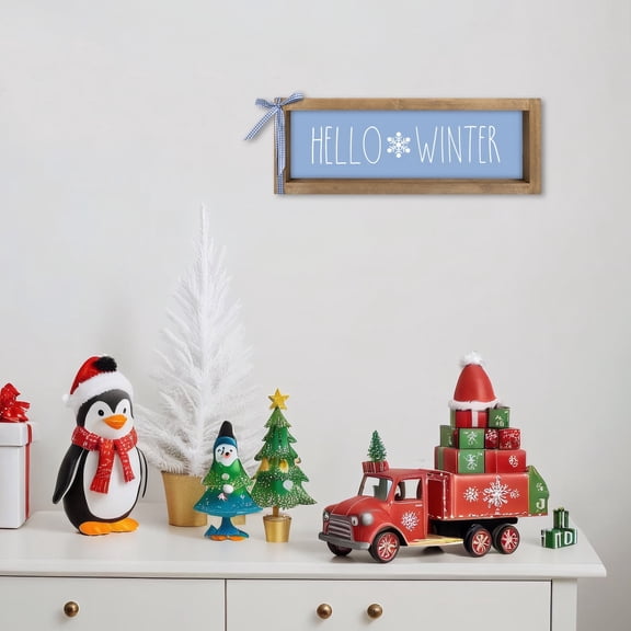flangairy Hello Winter Sign, Wooden Winter Holiday Centerpieces Snowflake Decor, Indoor Table Top Wall Shelf Mantle Fireplace Decorative Wood Signage Rustic Farmhouse Seasonal Decorations for Home