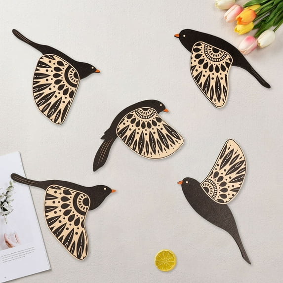 MCheckerd5 Pcs Wooden Bird Wall Art Wood Flying Birds Wall Decor Rustic Folk Art Scandinavian Home Decor for Gift Living Room Bedroom Kitchen Office(Black)
