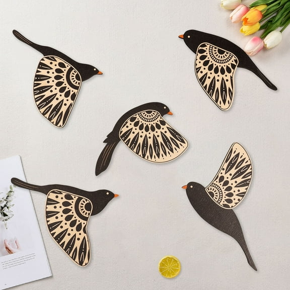 MCheckerd5 Pcs Wooden Bird Wall Art Wood Flying Birds Wall Decor Rustic Folk Art Scandinavian Home Decor for Gift Living Room Bedroom Kitchen Office(Black)