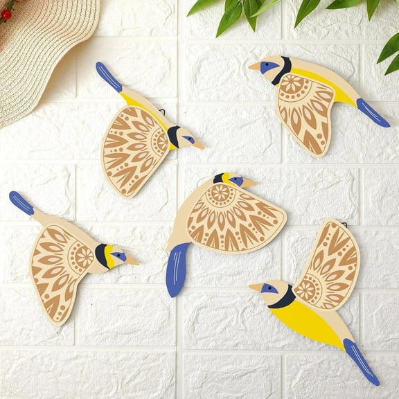 5 Pcs Wooden Bird Wall Art Wood Flying Birds Wall Decor Rustic Folk Art Scandinavian Home Decor for Gift Living Room Bedroom Kitchen Office(Black)