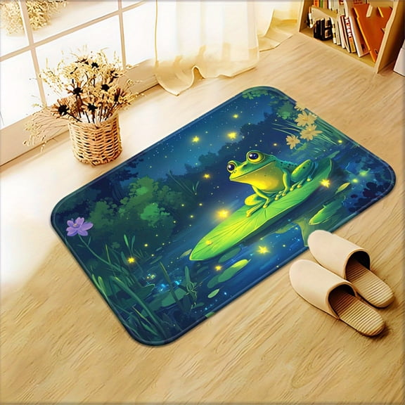 A flannel rug featuring a frog resting on a lotus leaf at night. Suitable for bathroom floors, machine washable, and ideal for outdoor porches, kitchens, living rooms, bathrooms, or offices.