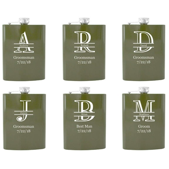 Flask Set of 6 Flask, Wedding Flask, Engraved Hip Flask, Groomsmen Flasks (Green Initial)