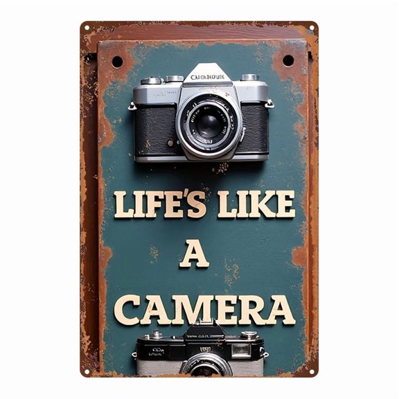 A flat, vintage-style metal camera wall hanging, suitable for homes, cafes, bars, and garages - 8x12 inches (20x30 cm) wrought iron vintage wall decoration.