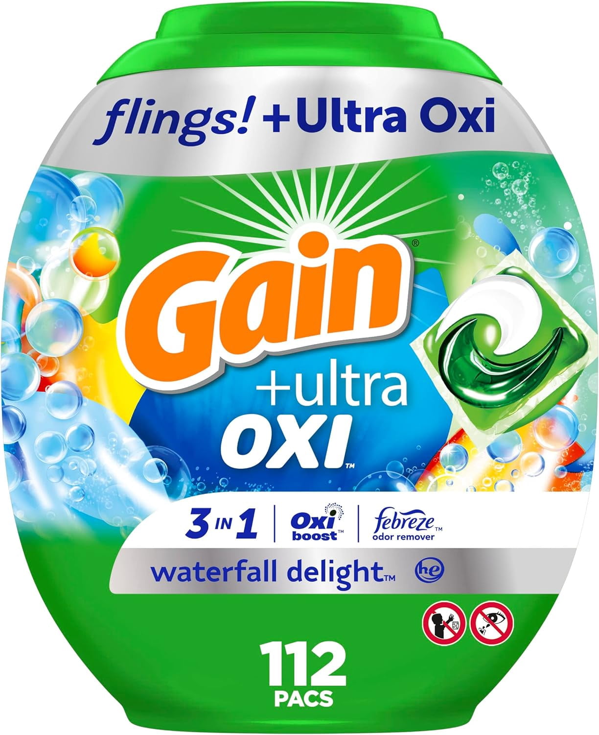 flings Ultra Oxi Laundry Detergent Pacs, 112 Count, Waterfall Delight Scent, 3-in-1, HE Compatible