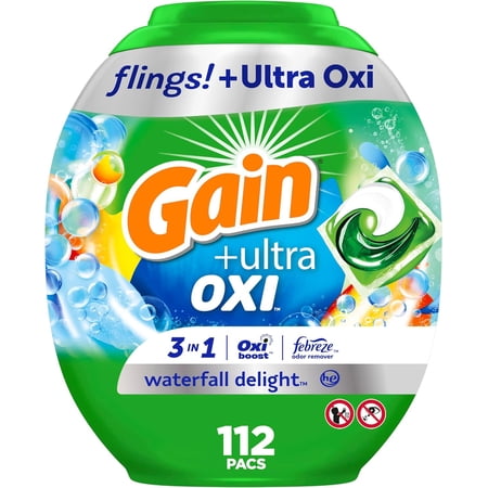 flings Ultra Oxi Laundry Detergent Pacs, 112 Count, Waterfall Delight Scent, 3-in-1, HE Compatible