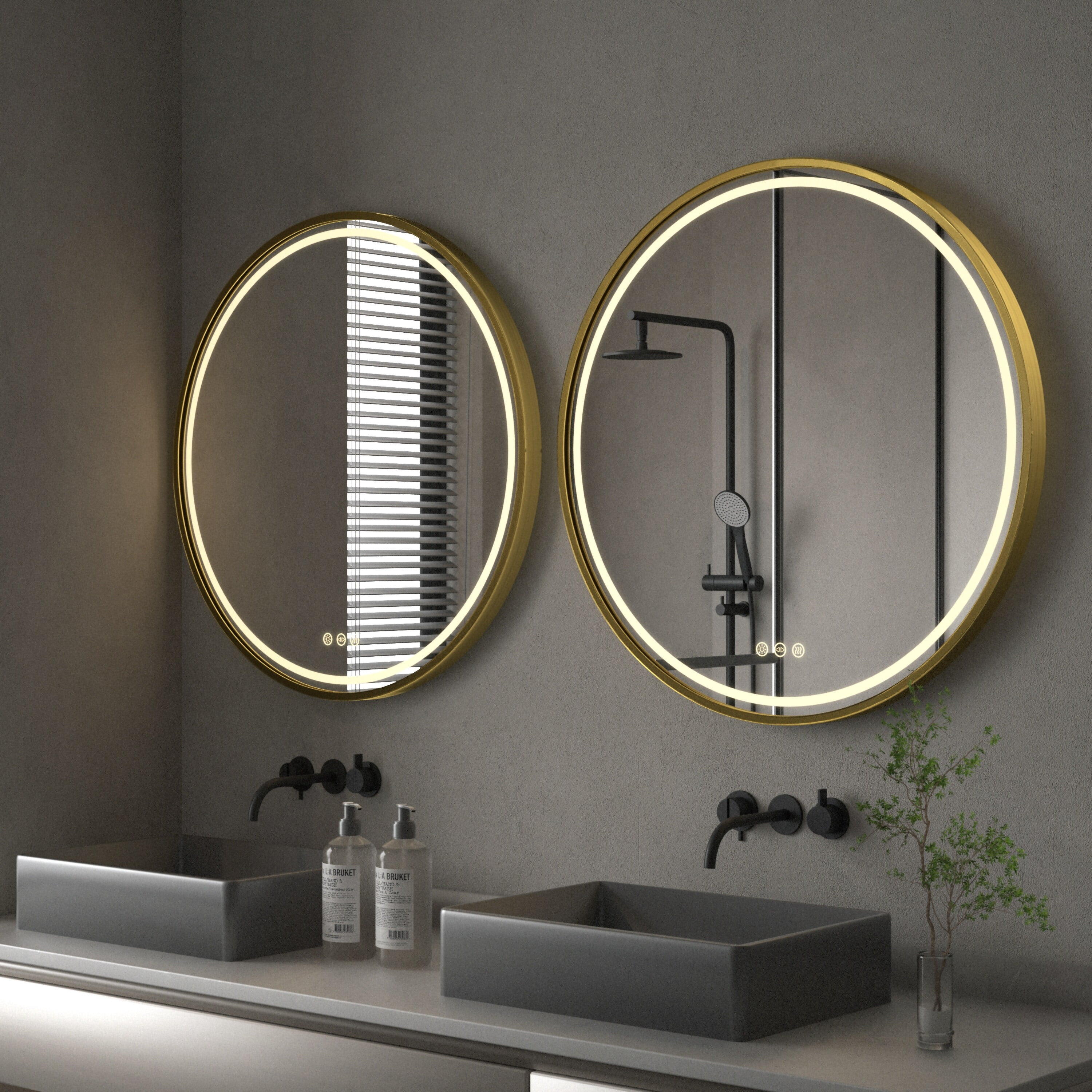 fliptrade Smart Round LED Bathroom Mirror Light Frame Defogger Dimmable 3 Color 32" - Gold ...