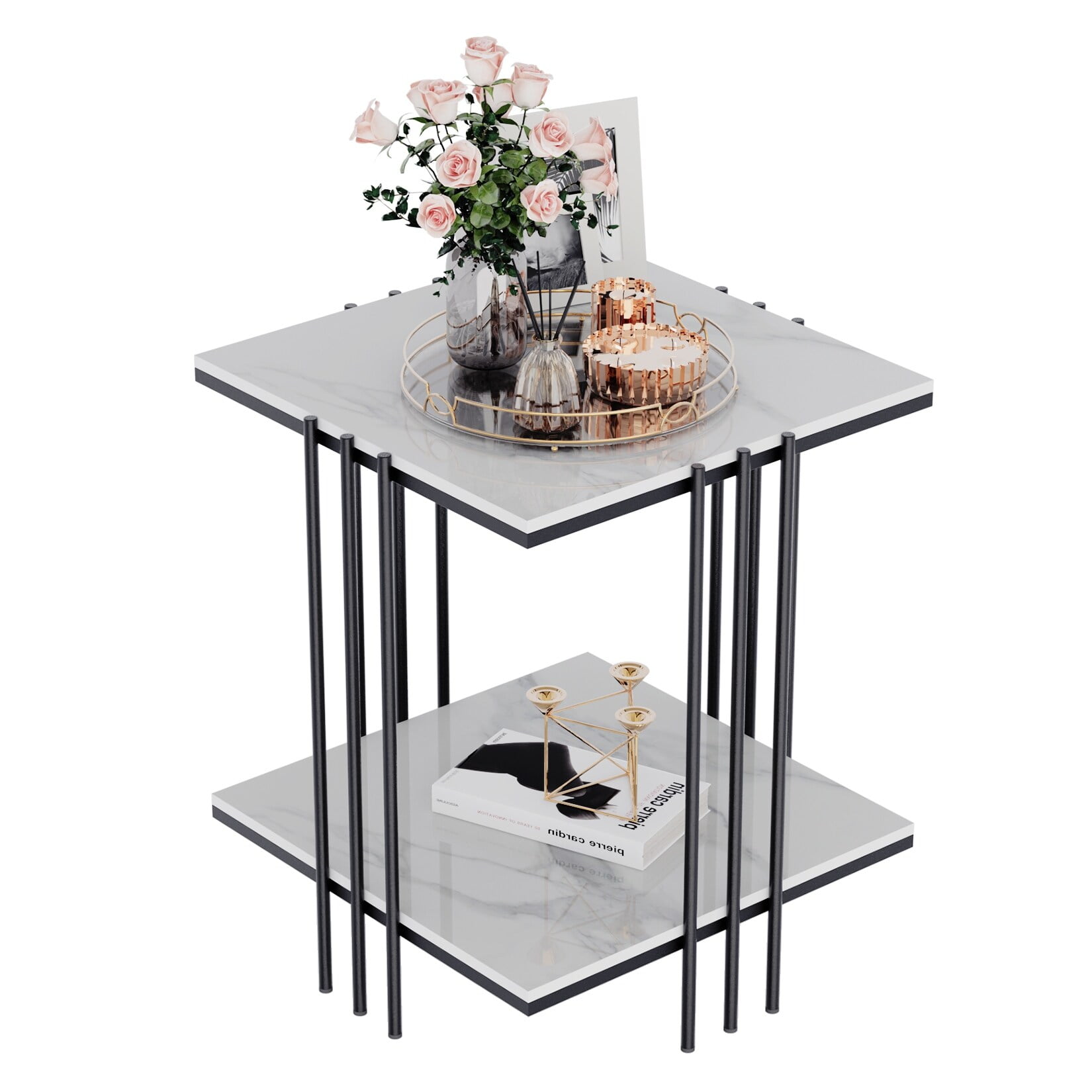 Black and White Sintered Stone Square Side Table with Shelves