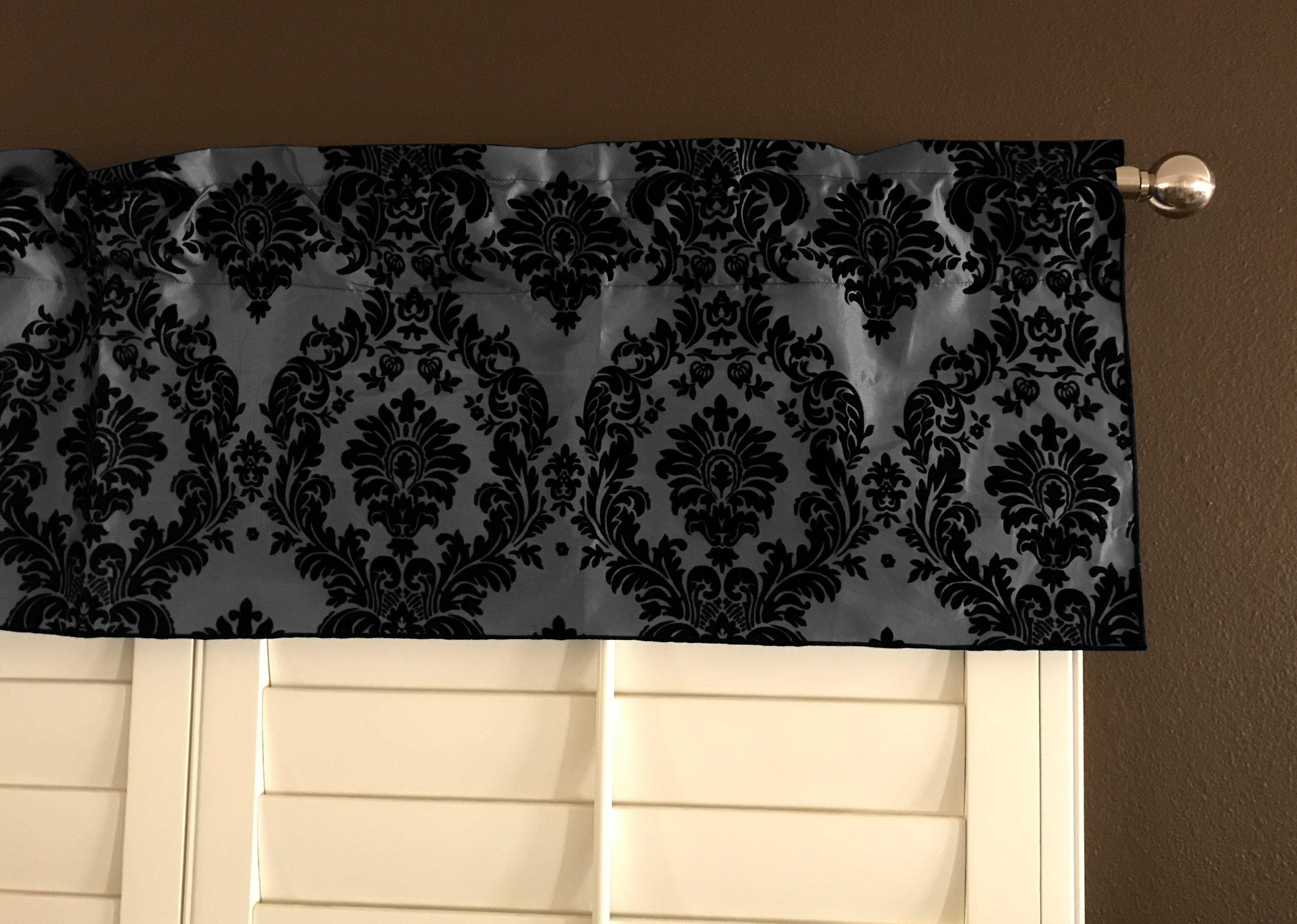 Black and Silver Damask Taffeta Window Valance, 16" Tall