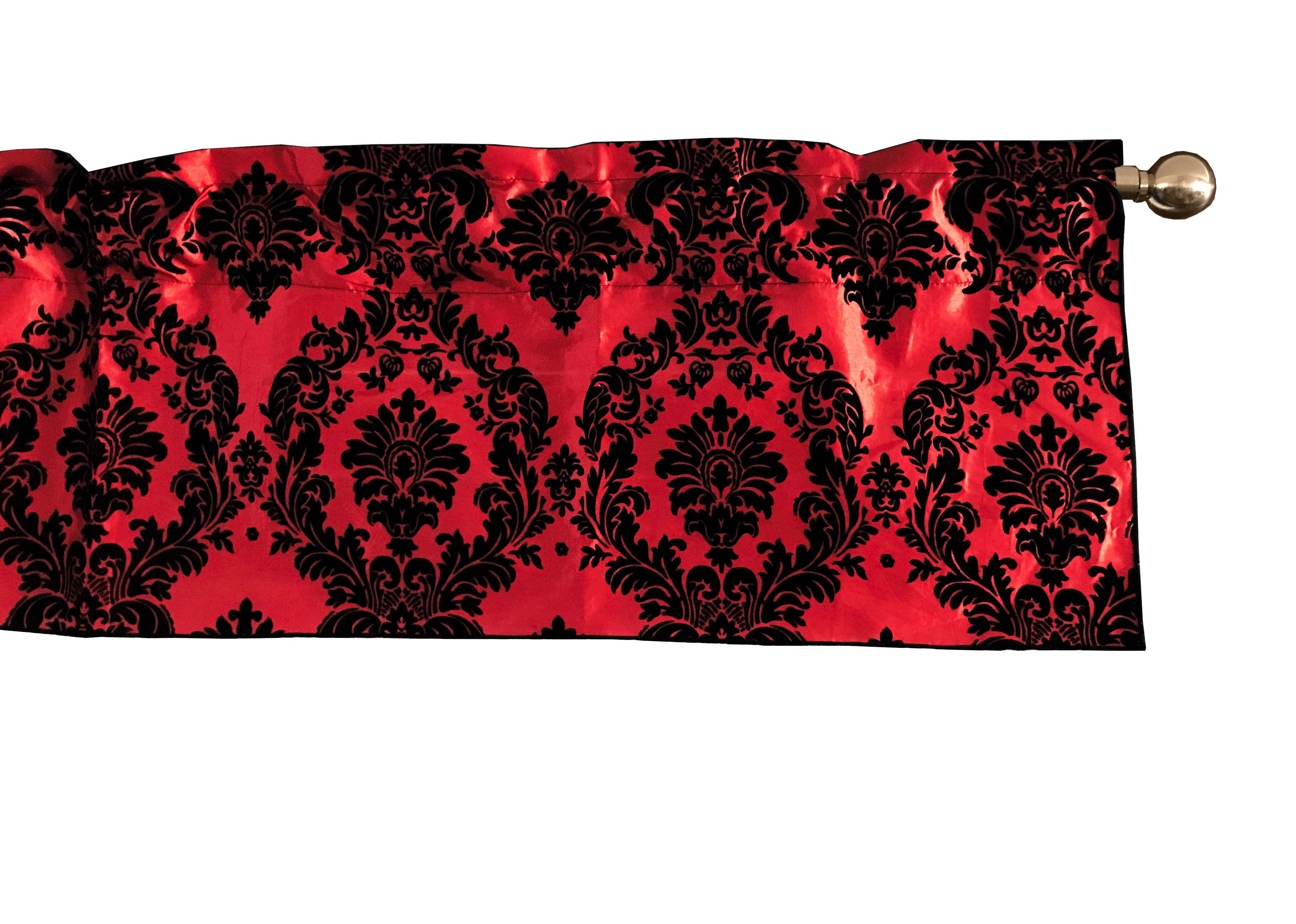Red and Black Damask Taffeta Window Valance, 28" Tall